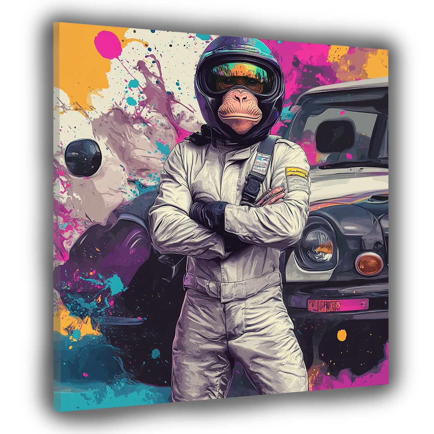 Wandbild Pop Art Affe Rennanzug vor Auto bunt
