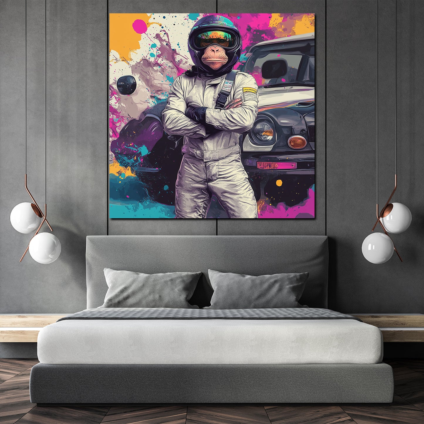 Wandbild Pop Art Affe Rennanzug vor Auto bunt