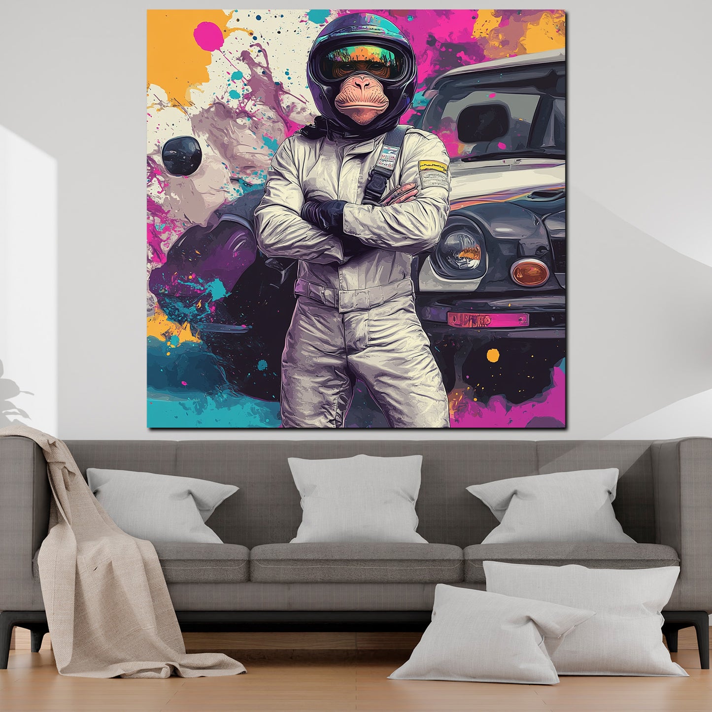 Wandbild Pop Art Affe Rennanzug vor Auto bunt
