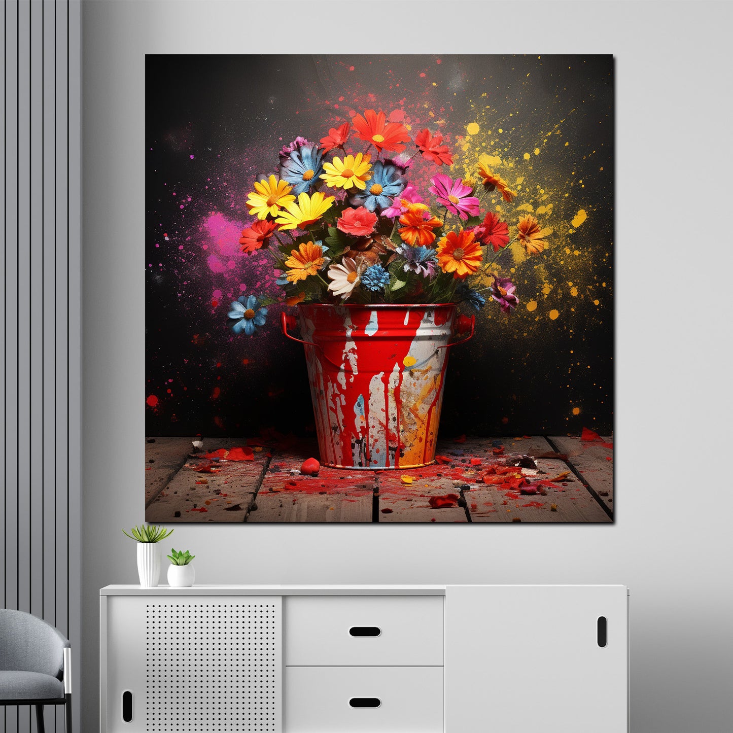Wandbild Pop Art Blumen in Eimer Farbe Explosion modern