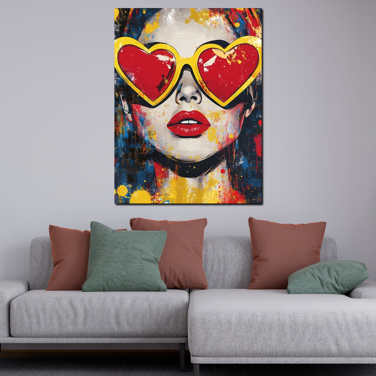 Wandbild Pop Art Frau mit Herzbrille bunt modern