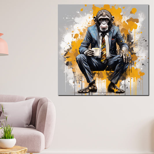 Wandbild Pop Art Gorilla im Anzug mit Kaffee