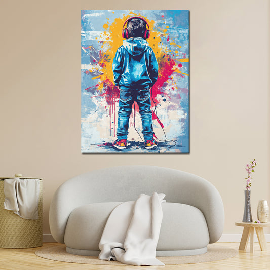 Wandbild Pop Art Kind mit Kopfhörern bunt