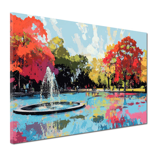 Wandbild Abstract Art Park Brunnen Bäume Spiegelung Farben Herbststimmung