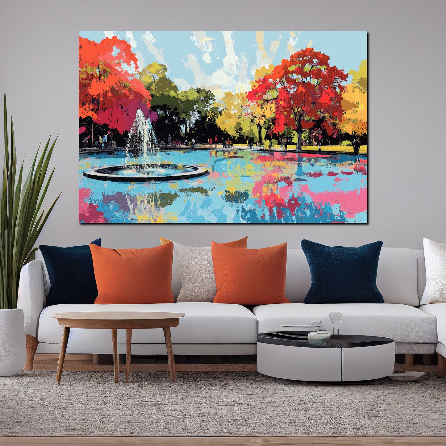 Wandbild Abstract Art Park Brunnen Bäume Spiegelung Farben Herbststimmung