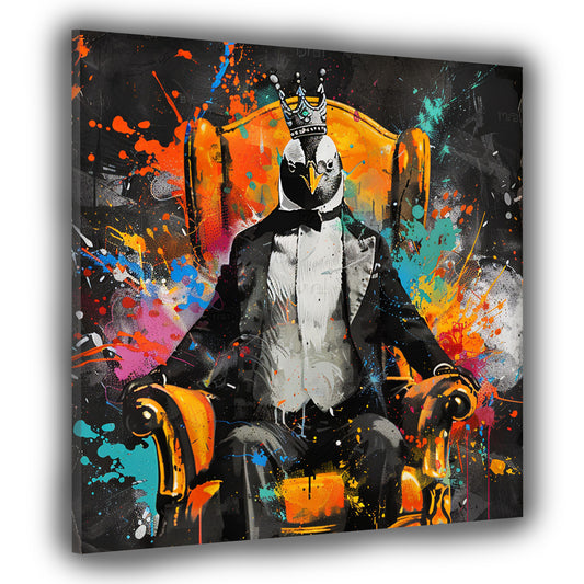 Wandbild Pop Art Pinguin im Anzug König modern bunt
