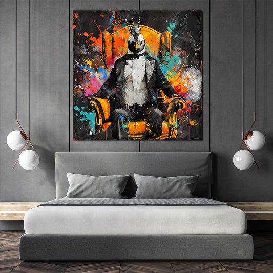 Wandbild Pop Art Pinguin im Anzug König modern bunt