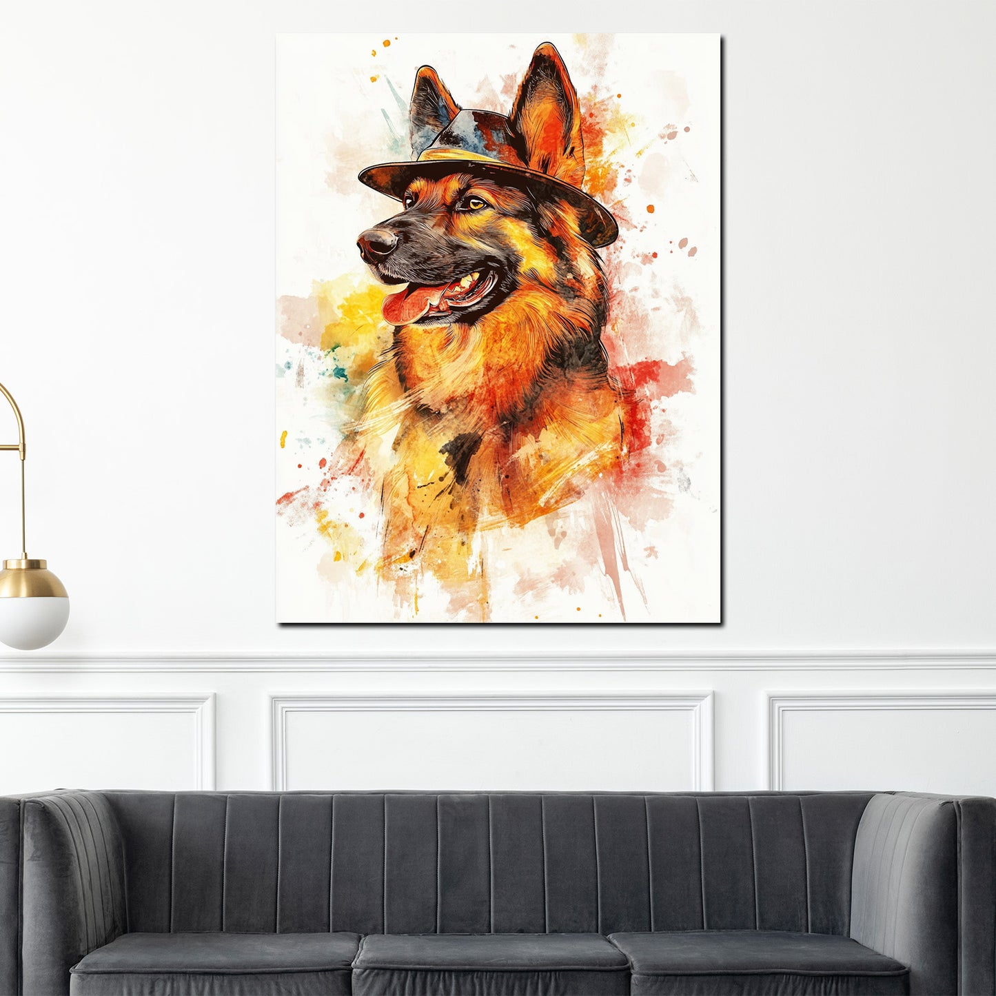 Wandbild Pop Art Schäferhund mit Hut farbenfroh