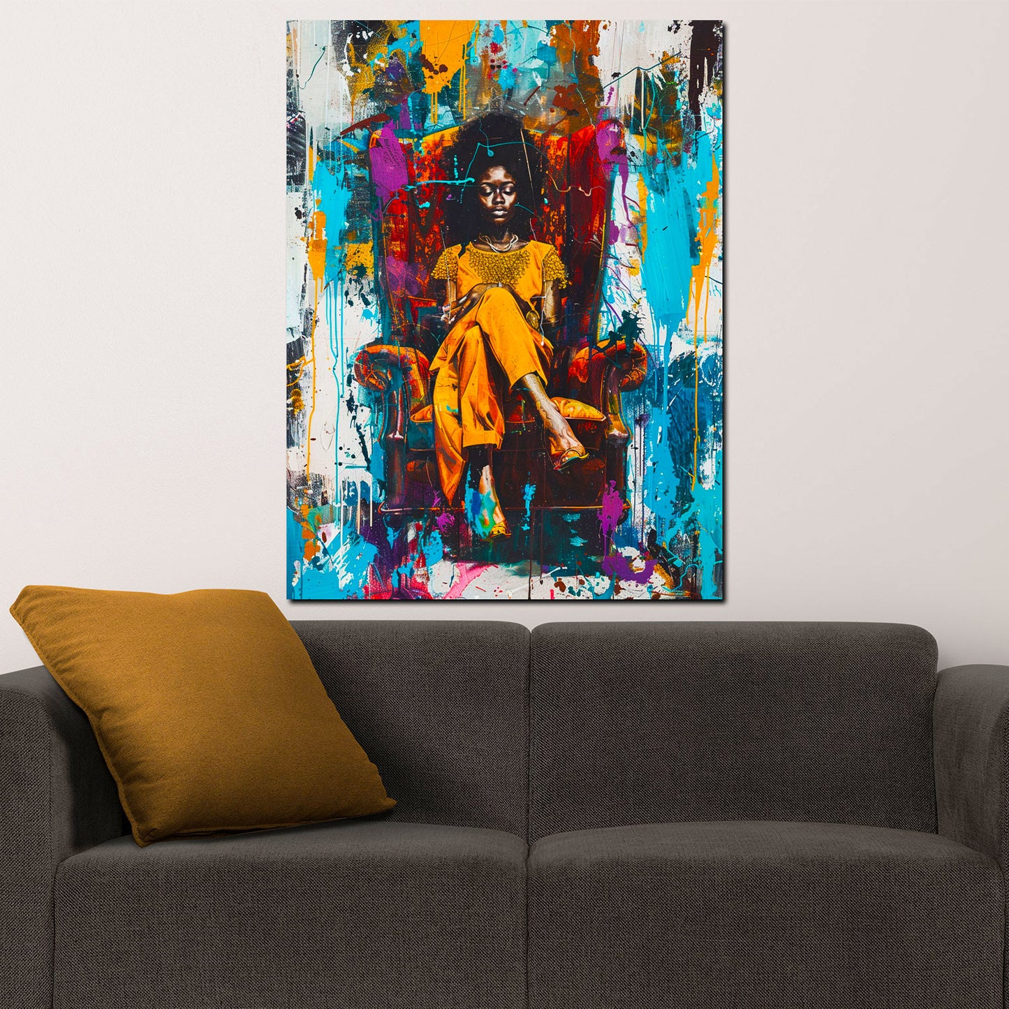 Wandbild Pop Art afrikanische Frau im Sessel farbenfroh modern