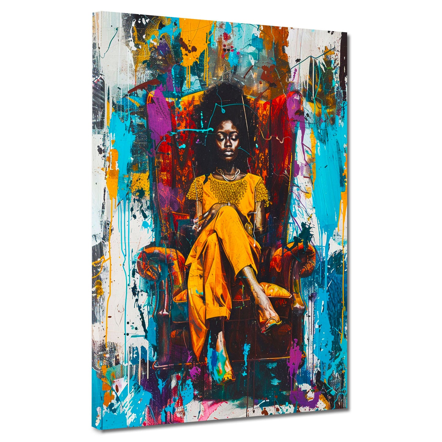 Wandbild Pop Art afrikanische Frau im Sessel farbenfroh modern