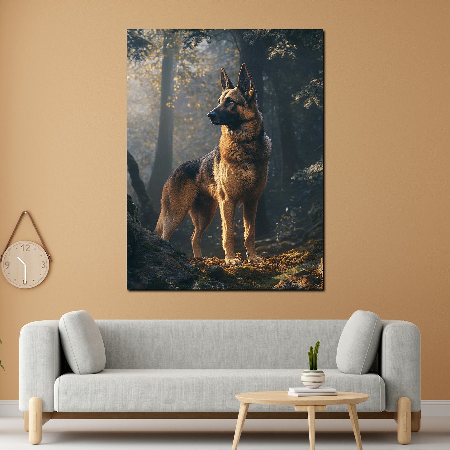Wandbild Schäferhund im Wald Lichtstimmung