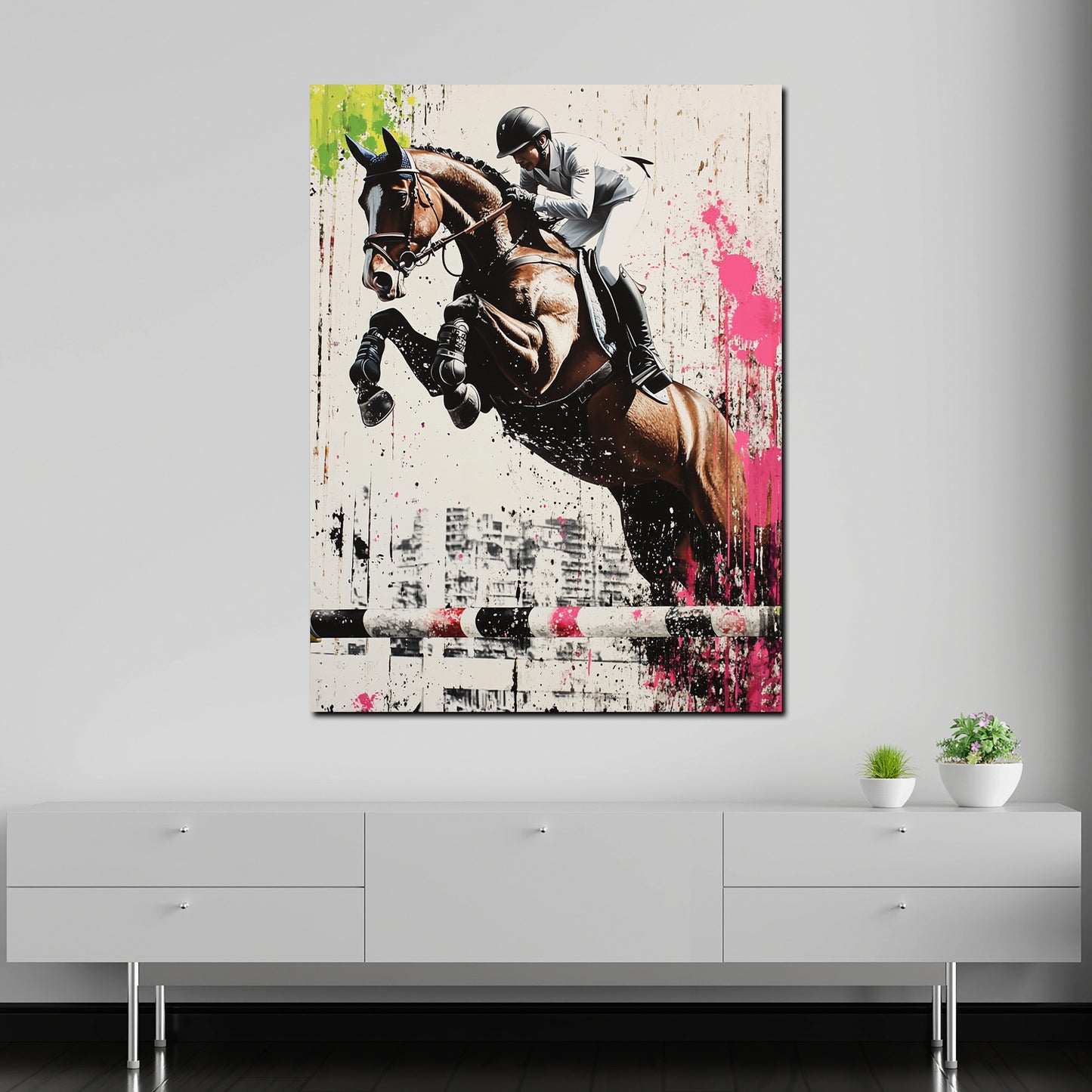 Wandbild Springreiter mit Pferd urban energiegeladen