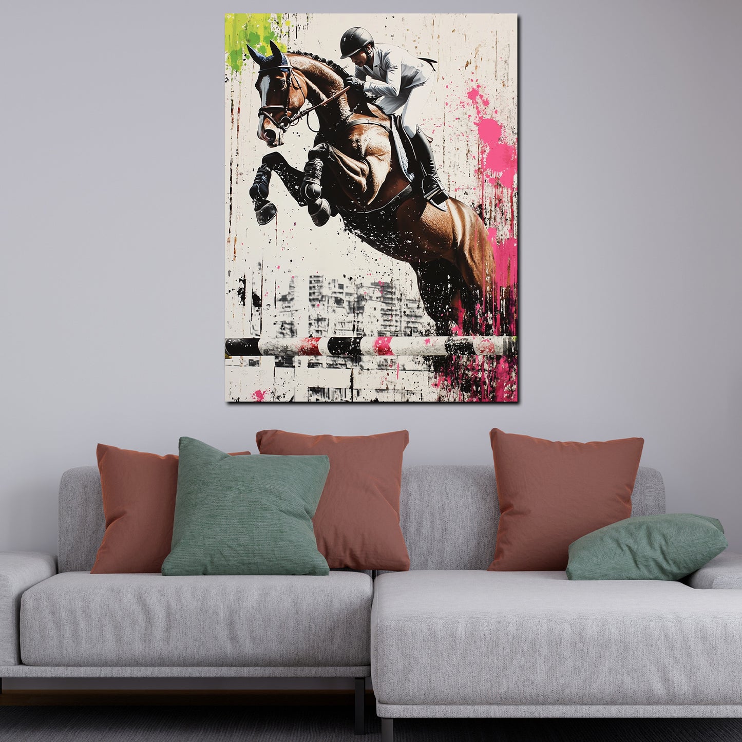 Wandbild Springreiter mit Pferd urban energiegeladen