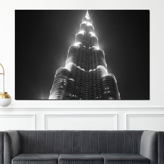 Wandbild Städte Dubai Burj Khalifa Architektur schwarz weiß Perspektive Nacht