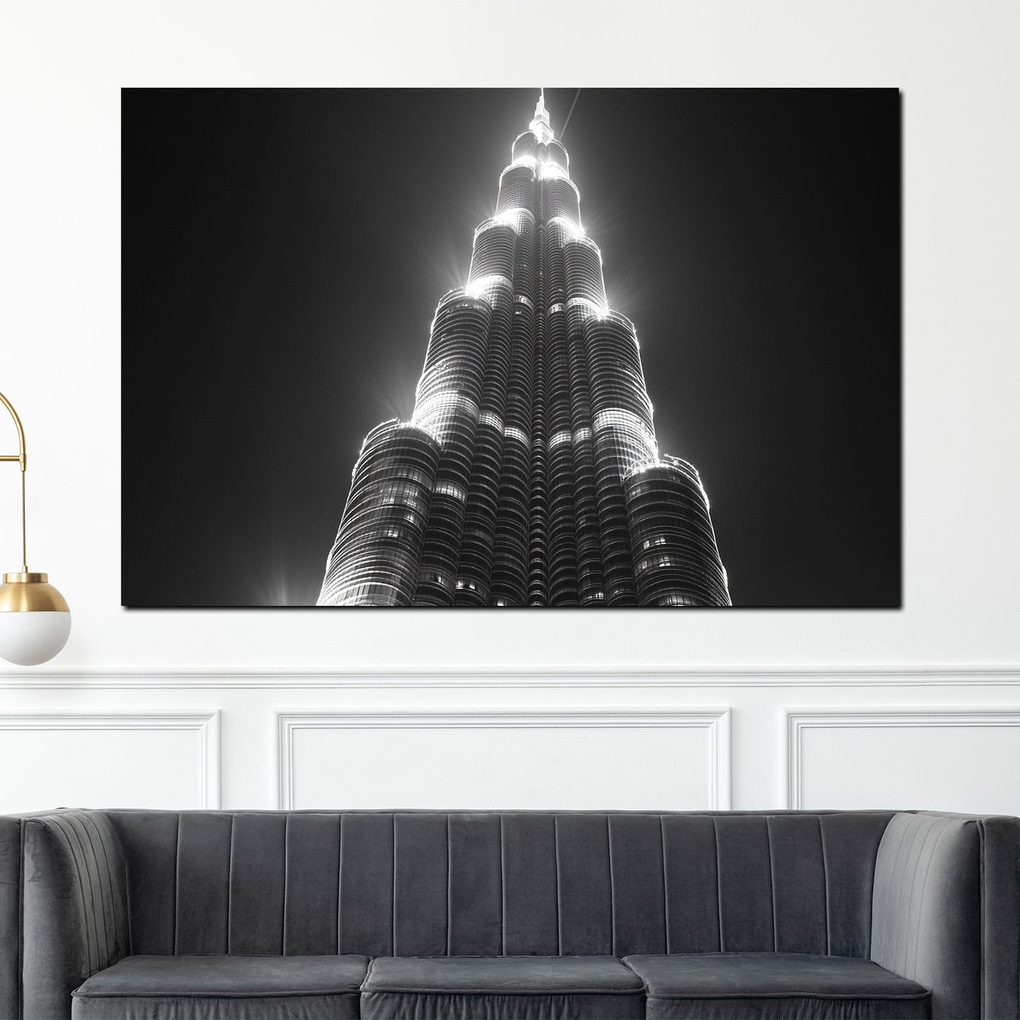 Wandbild Städte Dubai Burj Khalifa Architektur schwarz weiß Perspektive Nacht