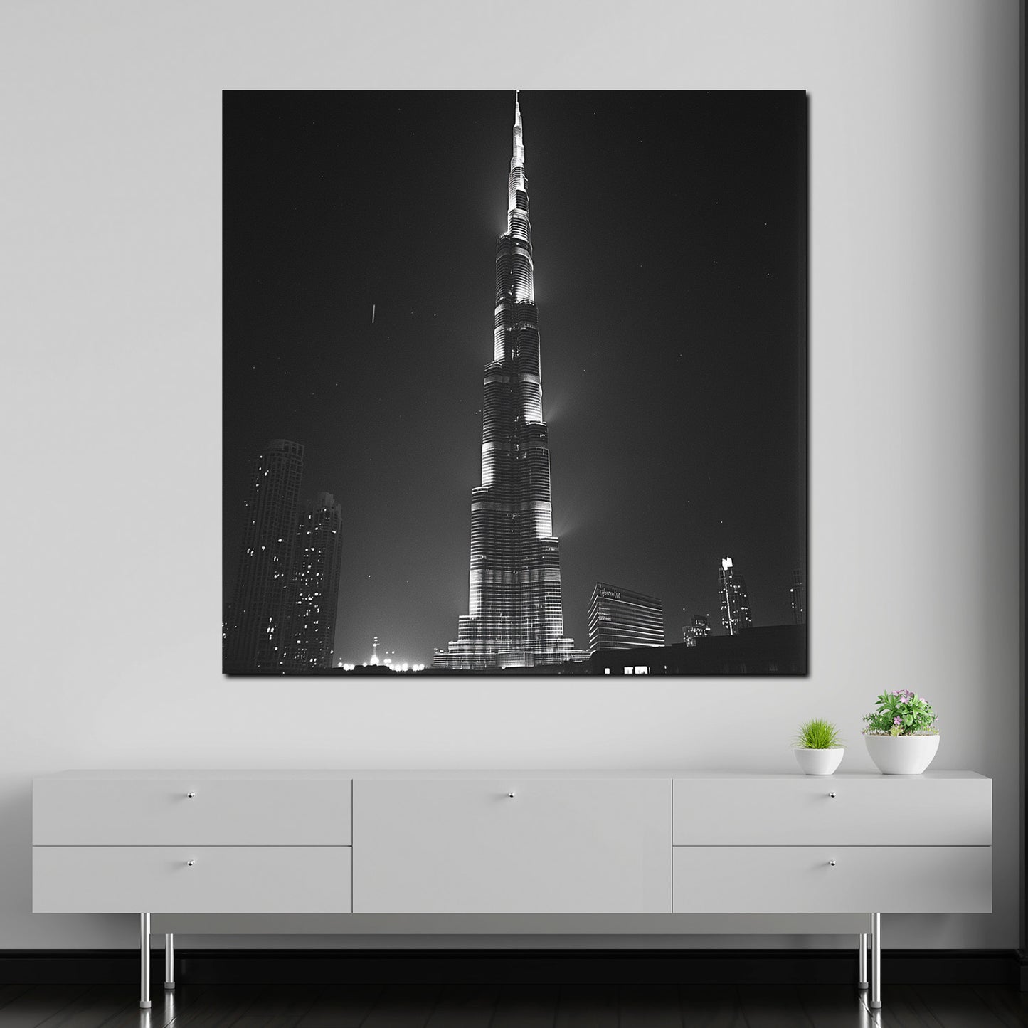 Wandbild Städte Dubai Burj Khalifa Skyline Nachtaufnahme schwarz weiß