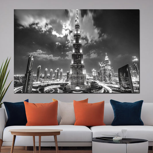 Wandbild Städte Dubai Burj Khalifa Skyline schwarz weiß Nachtaufnahme