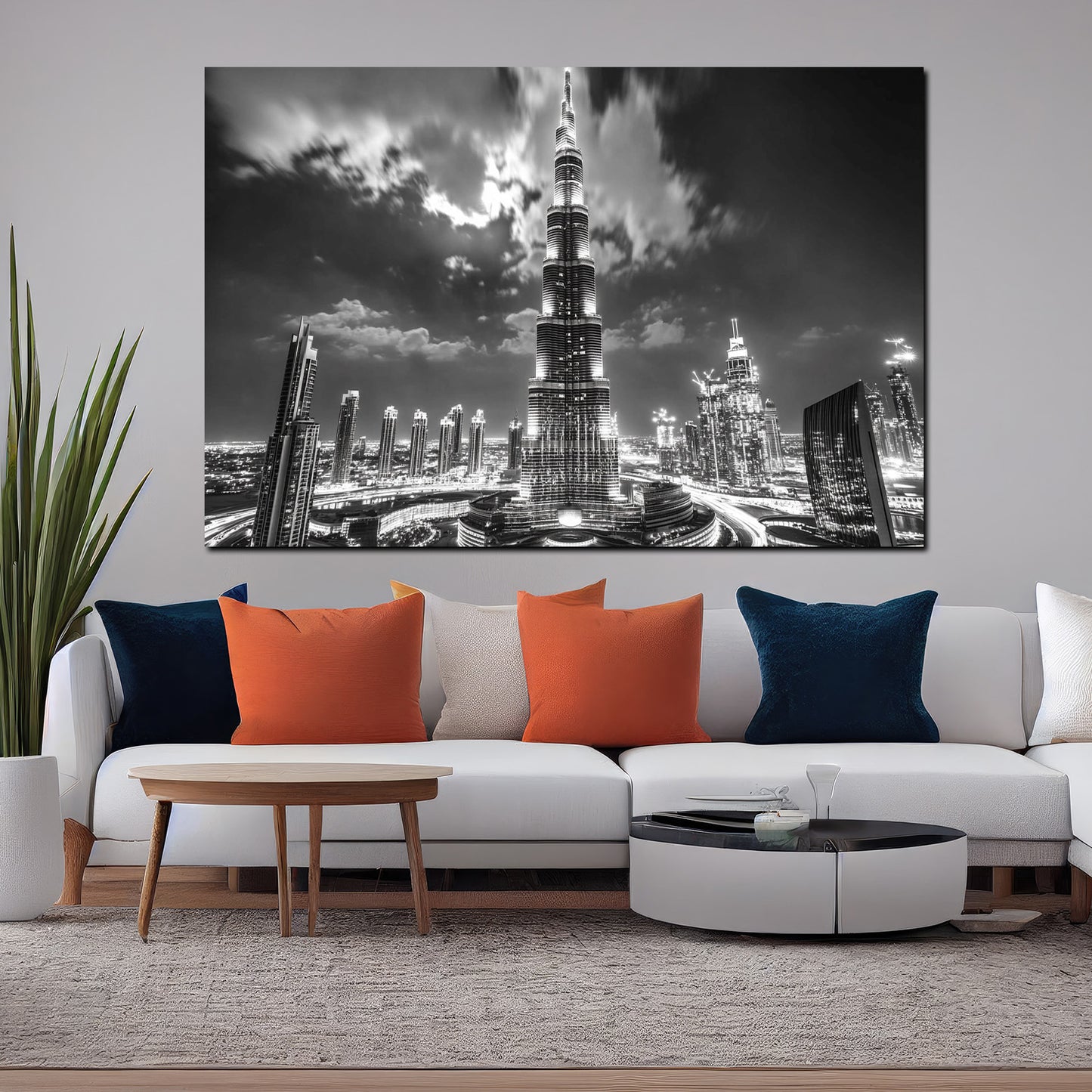 Wandbild Städte Dubai Burj Khalifa Skyline schwarz weiß Nachtaufnahme