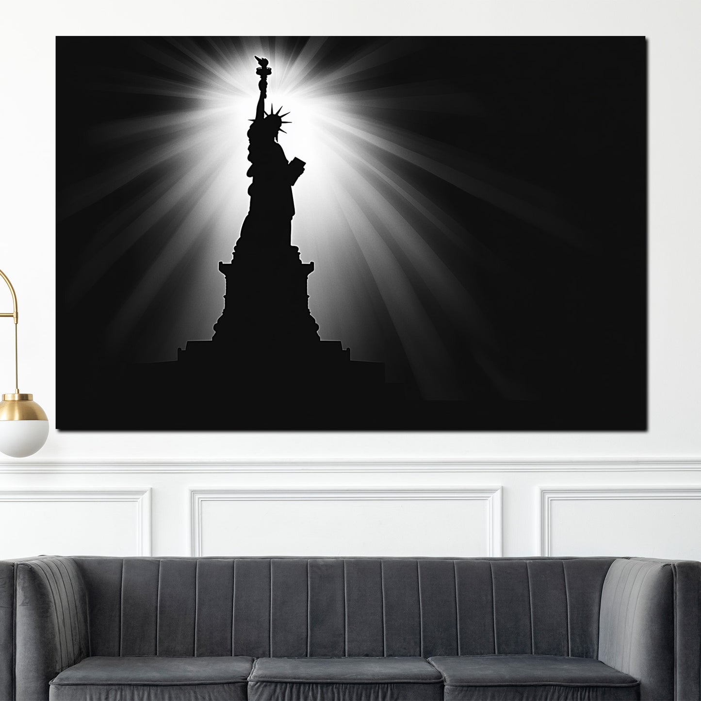 Wandbild Städte New York Freiheitsstatue schwarz weiß Lichtstrahlen