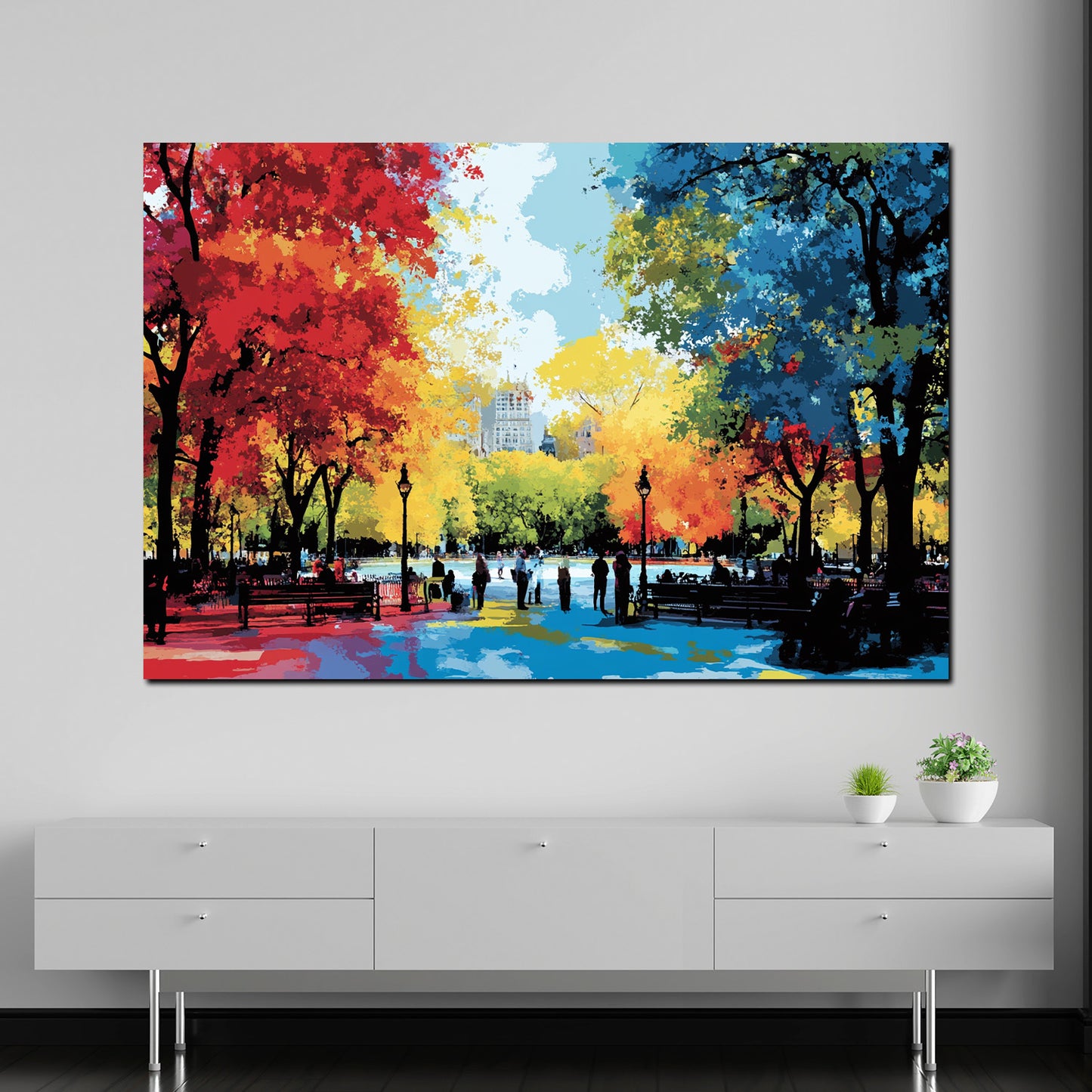 Wandbild Städte Pop Art Stadtpark USA Bäume Herbstfarben Spaziergänger