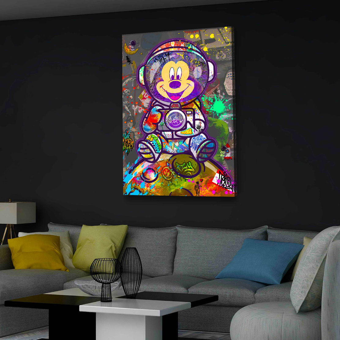 Wandbild Street Art Comic Maus als Astronaut im Universum bunt