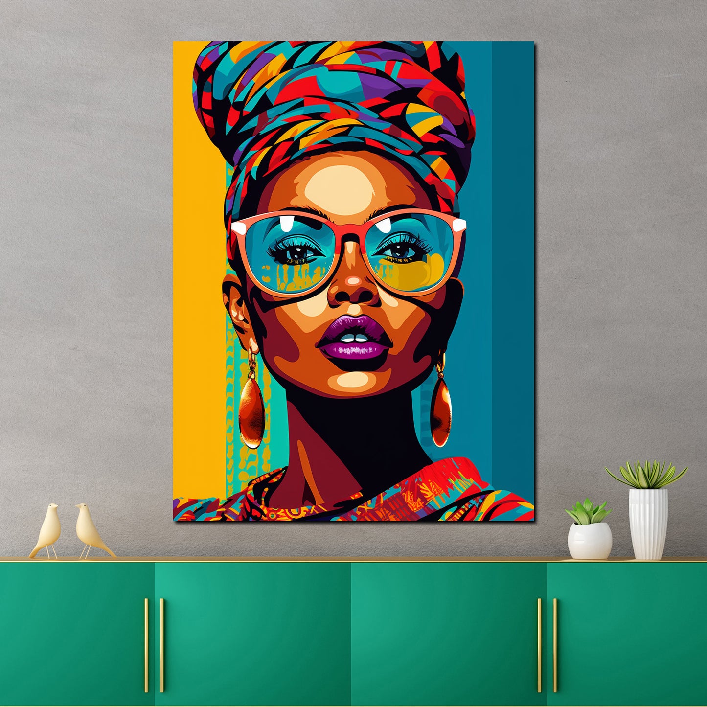 Wandbild Street Art Frau mit Turban und Sonnenbrille Colour Style