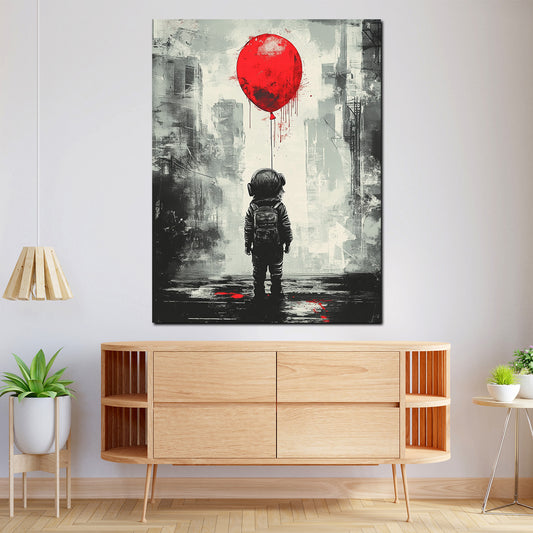 Wandbild Street Art Kind roter Ballon Kopfhörer