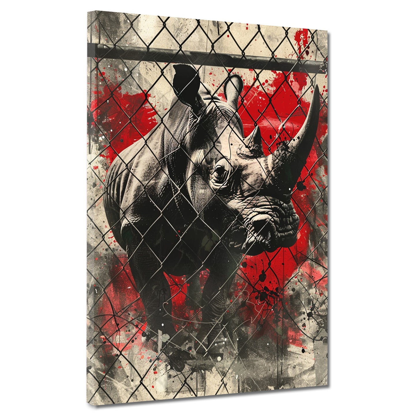Wandbild Street Art Nashorn hinter Gitter Rot modern