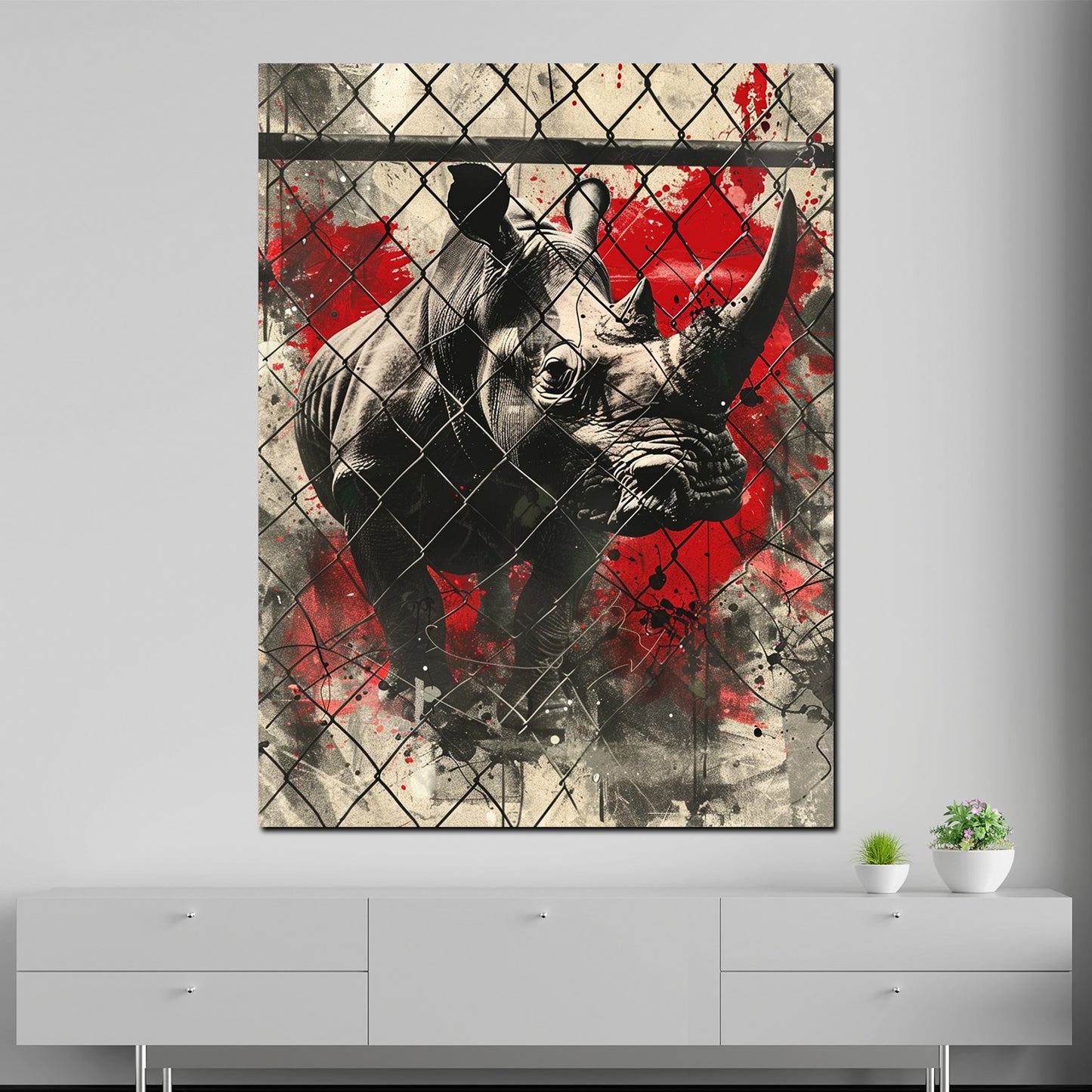Wandbild Street Art Nashorn hinter Gitter Rot modern