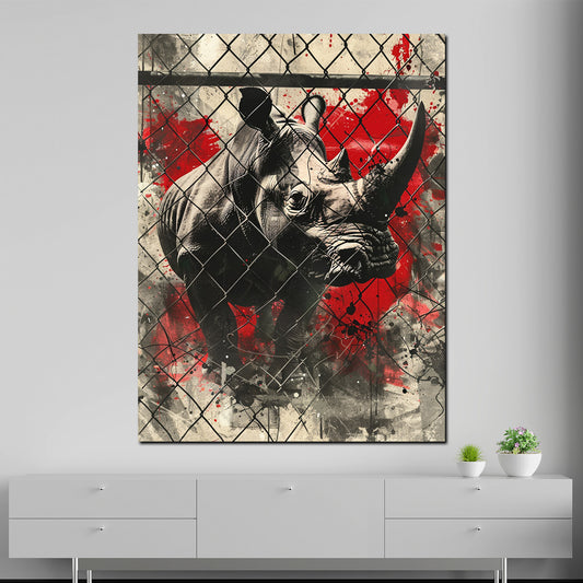 Wandbild Street Art Nashorn hinter Gitter Rot modern