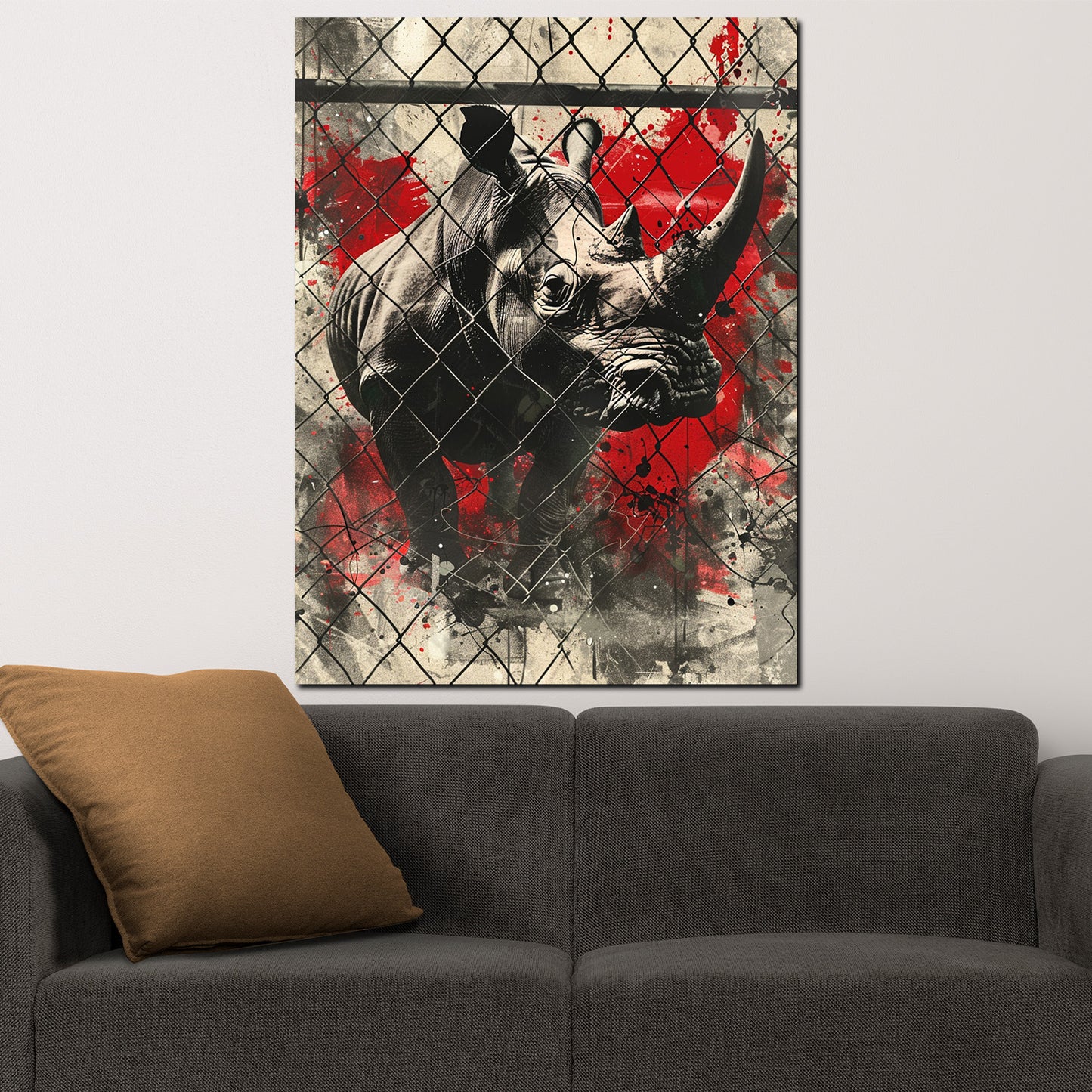 Wandbild Street Art Nashorn hinter Gitter Rot modern