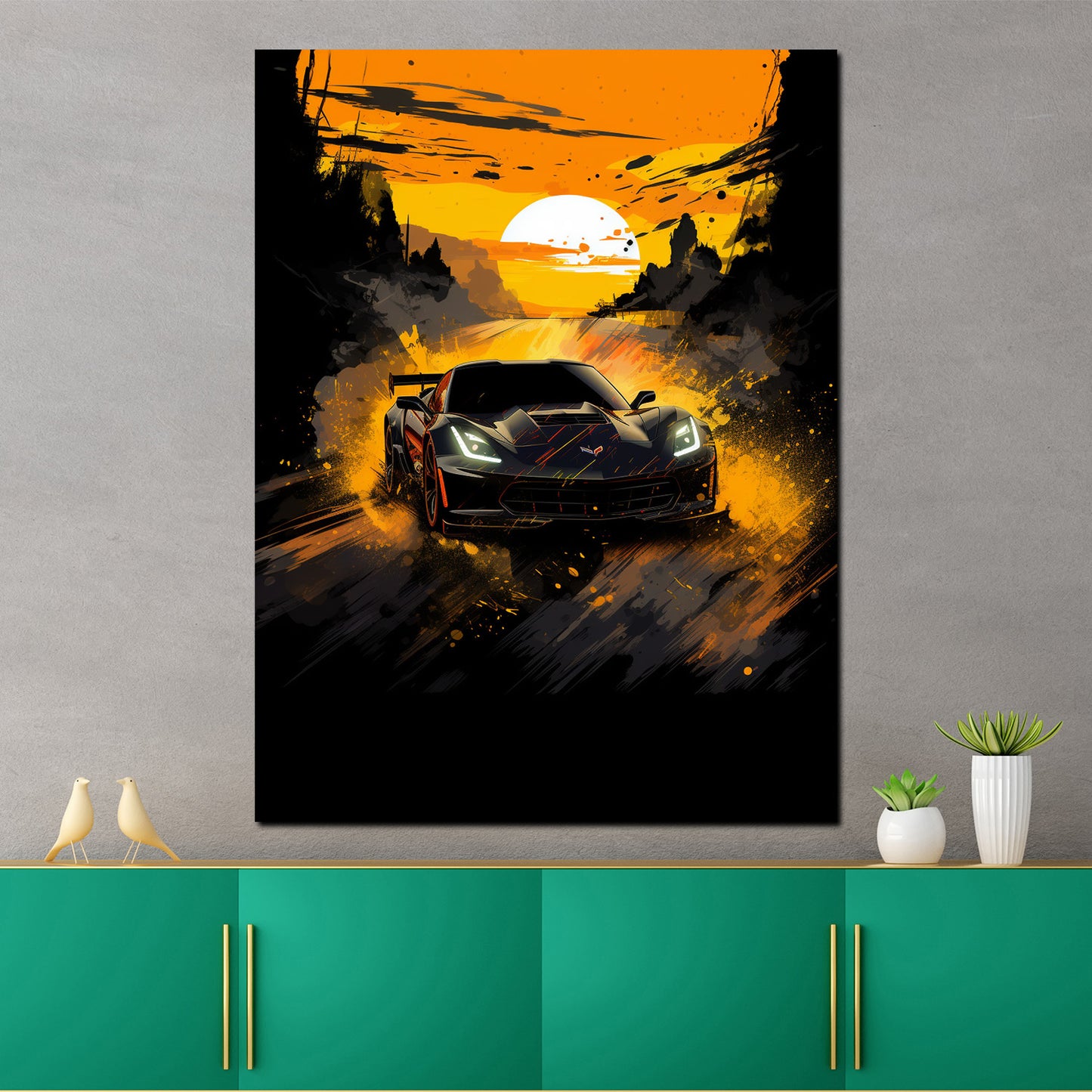 Wandbild Street Art Sportwagen in der Abenddämmerung