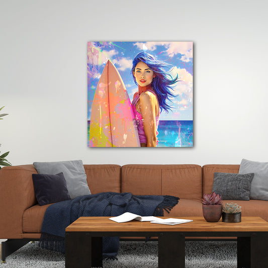 Wandbild Surferin am Meer in lebendigen Farben