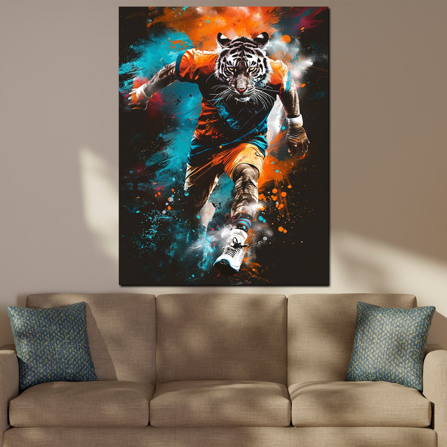 Wandbild Tiger als Sportler im dynamischen Pop Art Stil