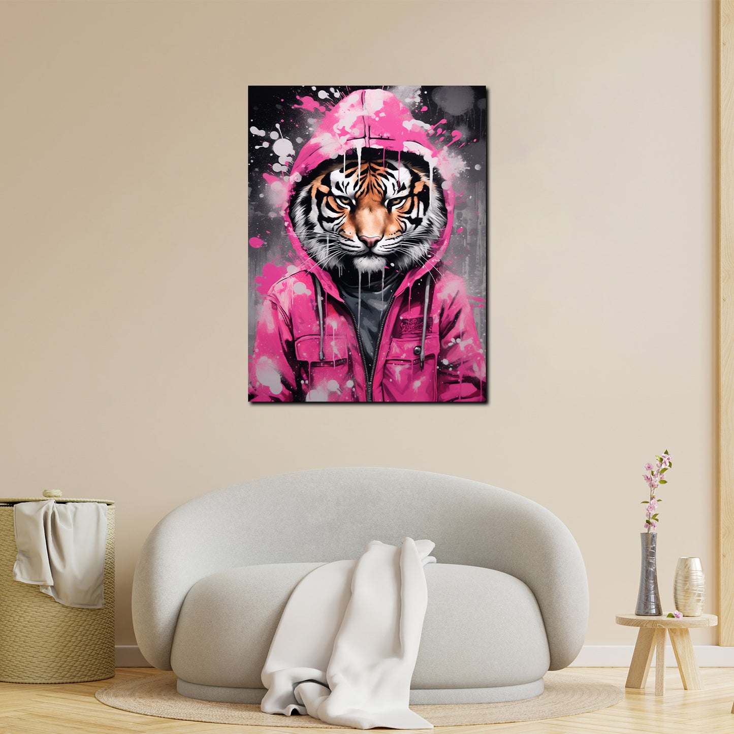 Wandbild Tiger in pinker Jacke Pop Art
