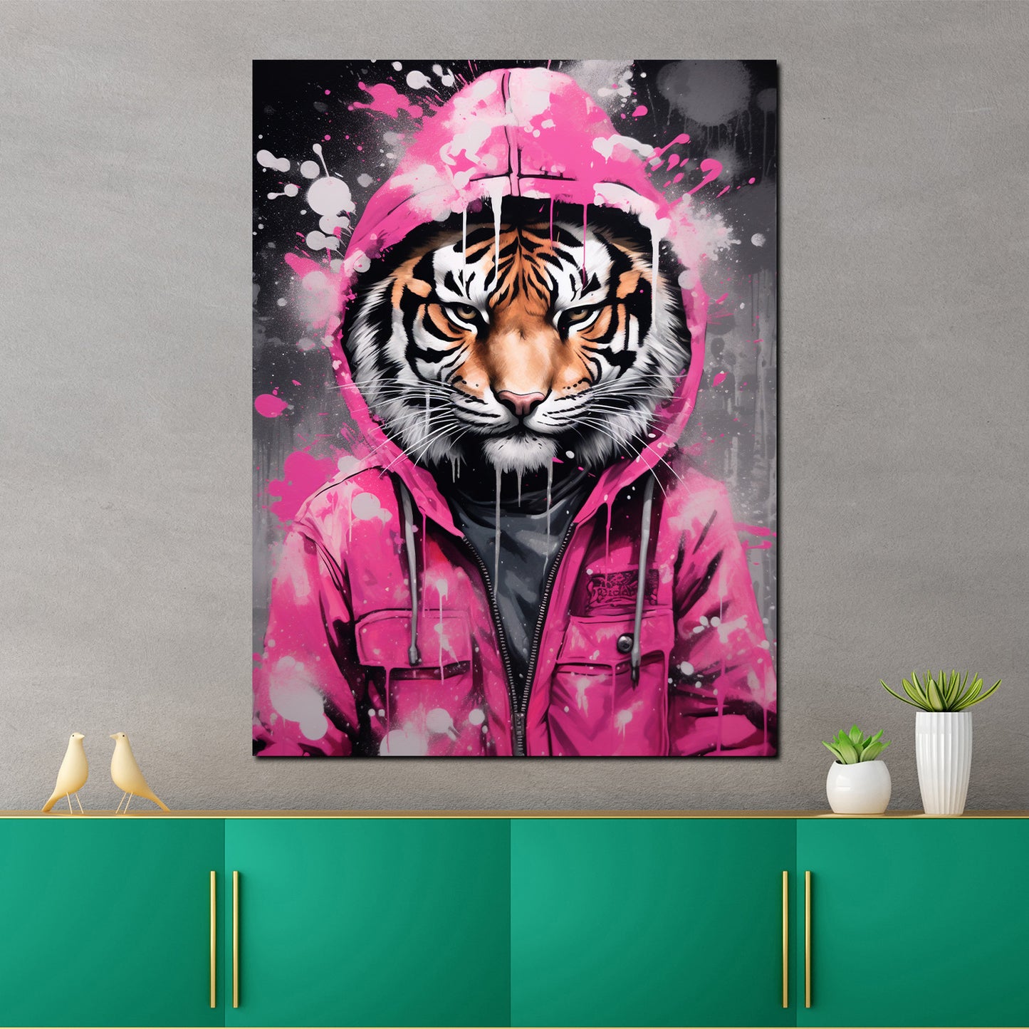 Wandbild Tiger in pinker Jacke Pop Art