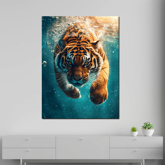 Wandbild Tiger taucht ins Wasser Wildtier Dynamik Kraft