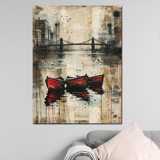 Wandbild abstrakt Boote auf Fluss mit Stadt