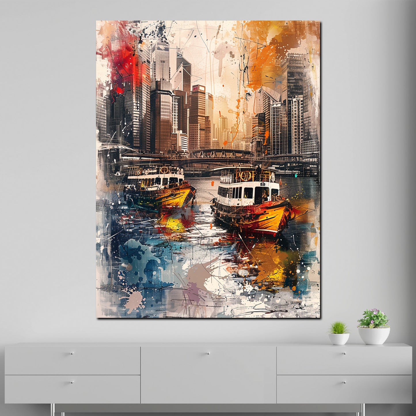 Wandbild abstrakt Boote in Stadt mit Skyline
