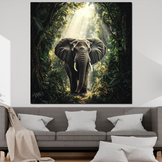 Wandbild abstrakt Elefant im Dschungel mit Sonnenstrahlen
