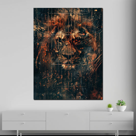 Wandbild abstrakt Löwe hinter Zaun düster modern