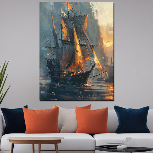 Wandbild abstrakt Segelschiff im Sonnenuntergang