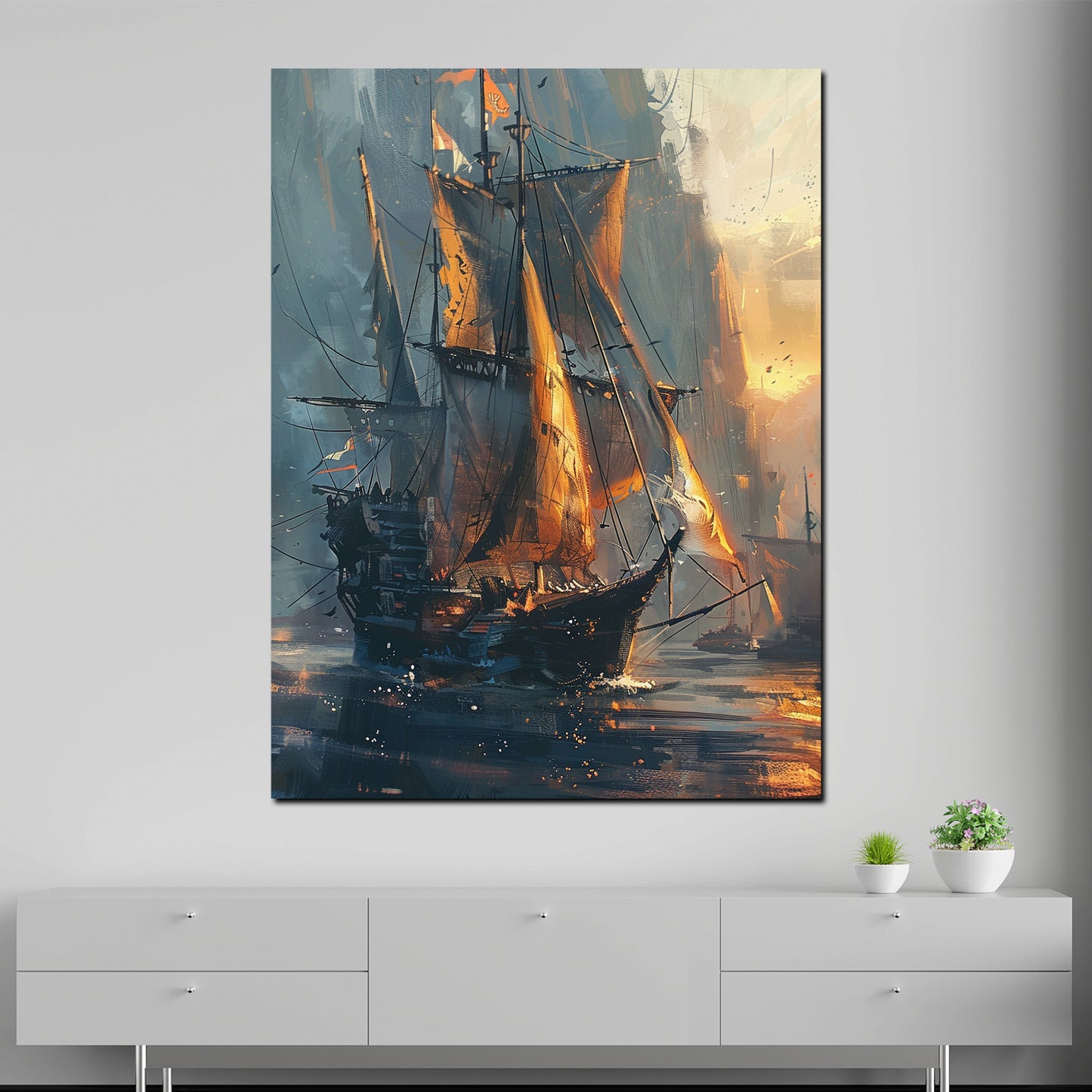 Wandbild abstrakt Segelschiff im Sonnenuntergang