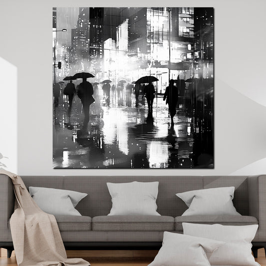 Wandbild abstrakt Städte Regen Menschen mit Schirmen schwarz weiß
