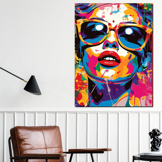 Wandbild Pop Art modern bunte Frau mit Sonnenbrille