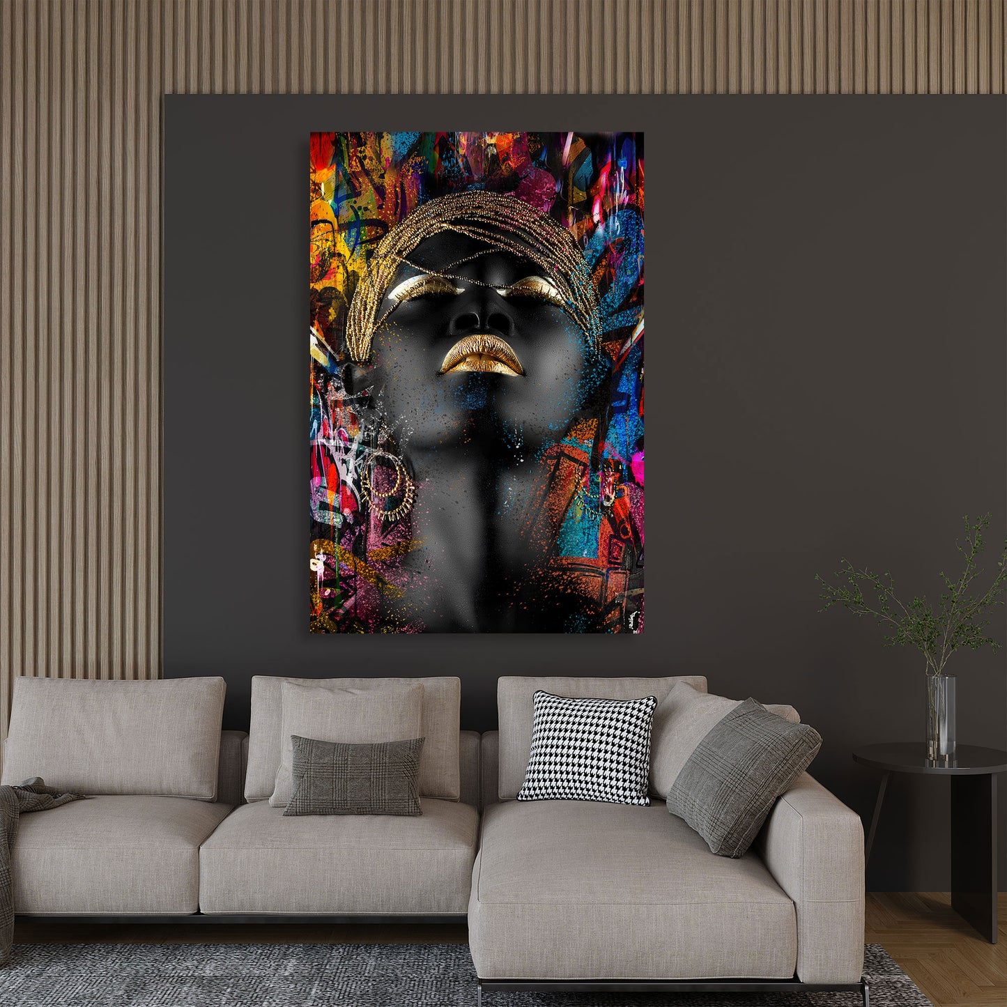 Wandbild afrikanische Frau Goldakzente und Graffiti Pop Art
