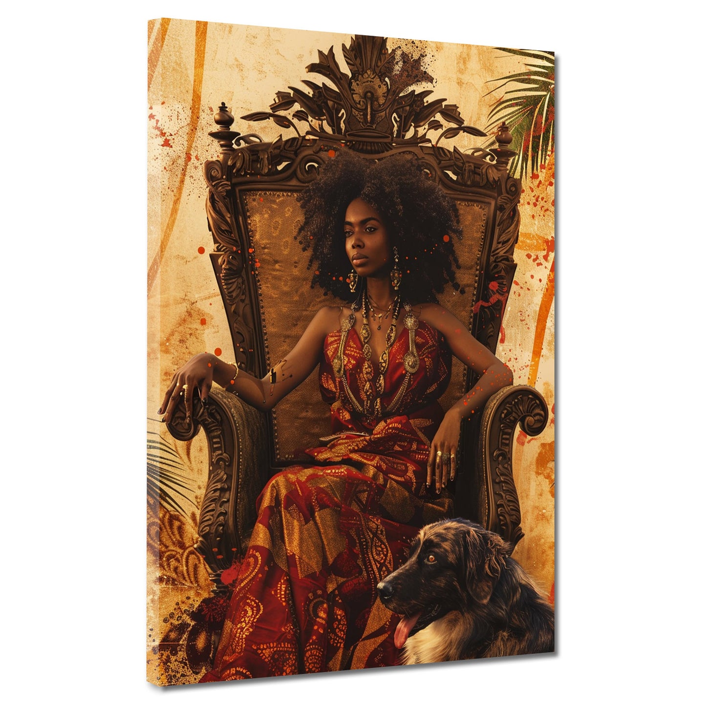 Wandbild afrikanische Frau im Thron mit Hund modern