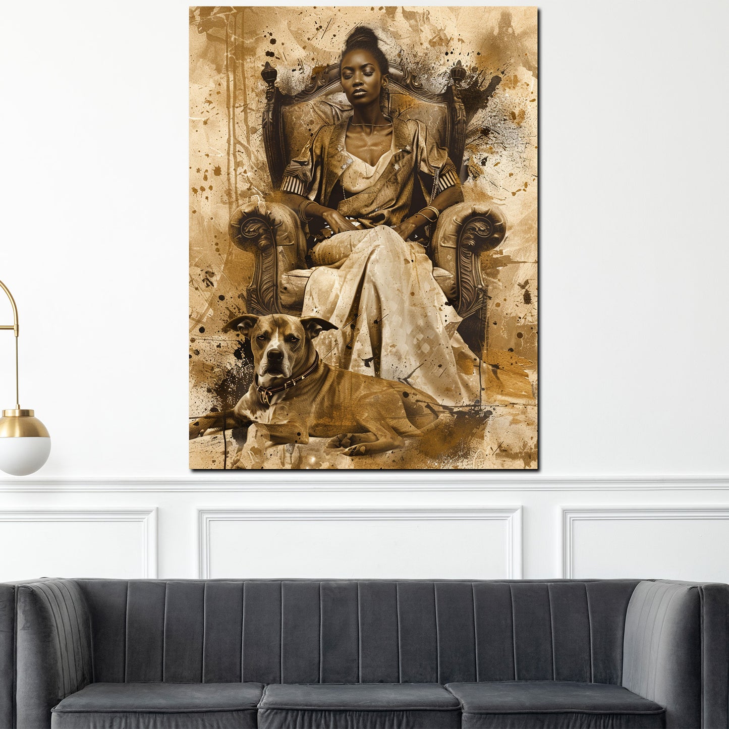 Wandbild afrikanische Frau mit Hund auf Thron Vintage Stil