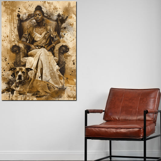 Wandbild afrikanische Frau mit Hund auf Thron Vintage Stil