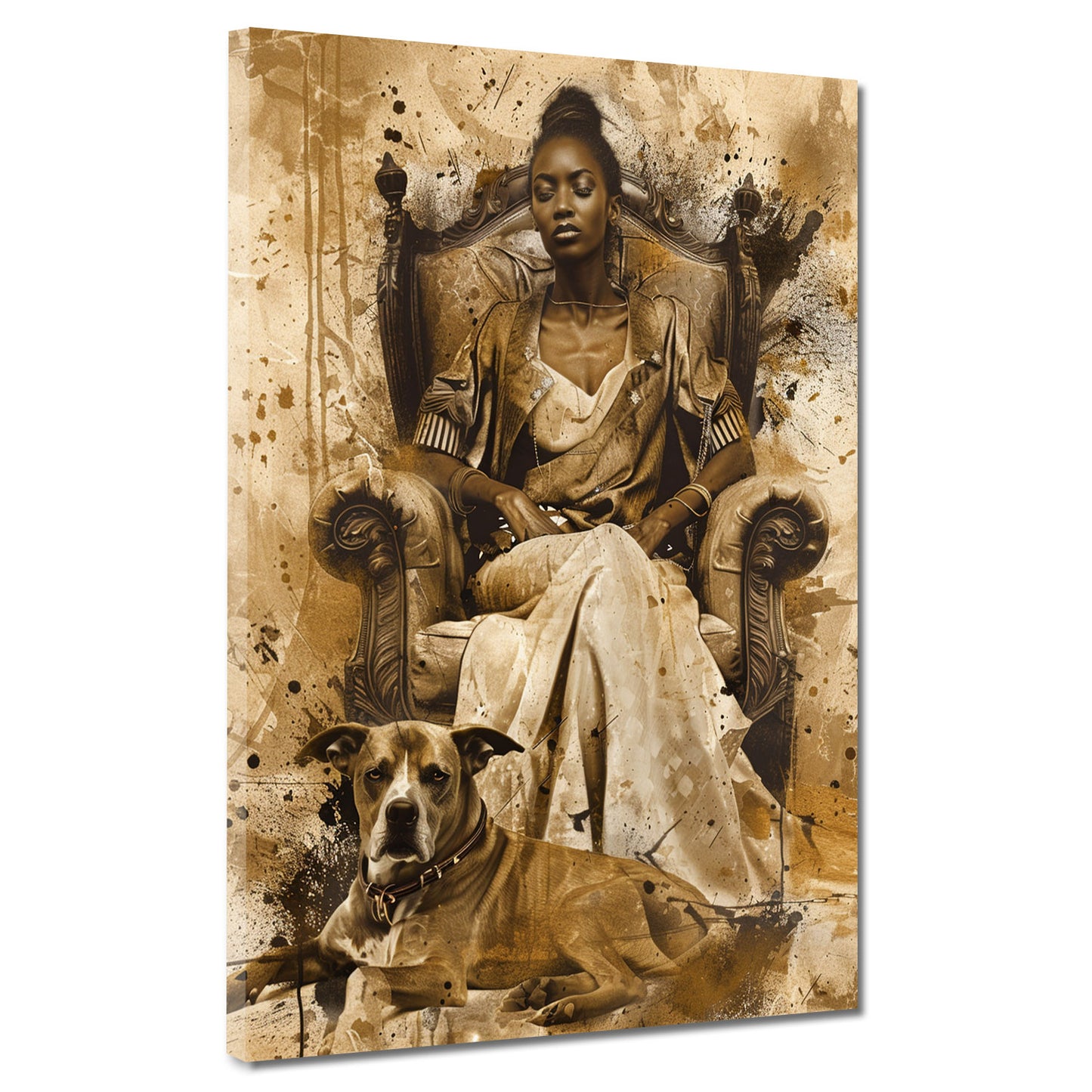 Wandbild afrikanische Frau mit Hund auf Thron Vintage Stil